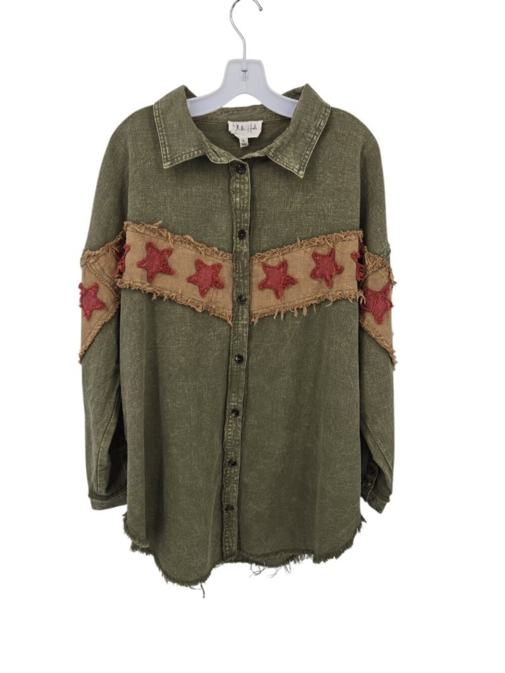 Oli & Hali Oversized Button Up Shirt S Star Frayed Raw Hem Boho Western Grunge
